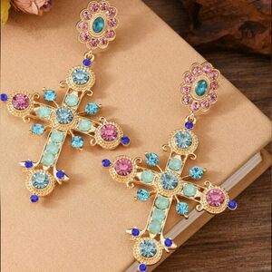 Elegant Goldtone & Multi-Color Stones Cross Pierced Earrings
